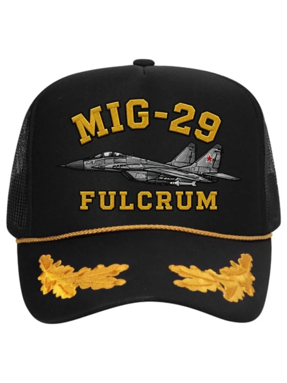 Retro MiG-29 Fulcrum Fighter Jet Foam Trucker Hat Black Gold Scrambled Eggs New!